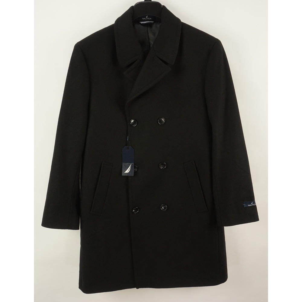 $395 Nautica Mens Classic Fit Double-Breasted Wool Overcoat Black 42S Six Button